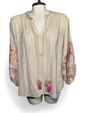 Entro Embroidered Cream Boho Tunic with Pink Tassels & Floral Sleeve Size Small